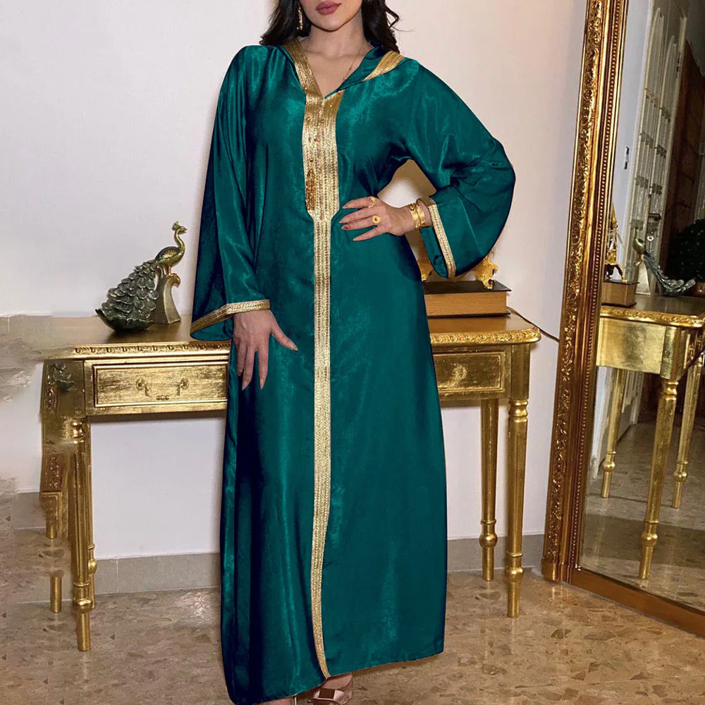 

Middle East Muslim Western Style Women's V-neck With Hood Solid Color Loose 2021 Summer Dress Color Contrast Long Sleeve