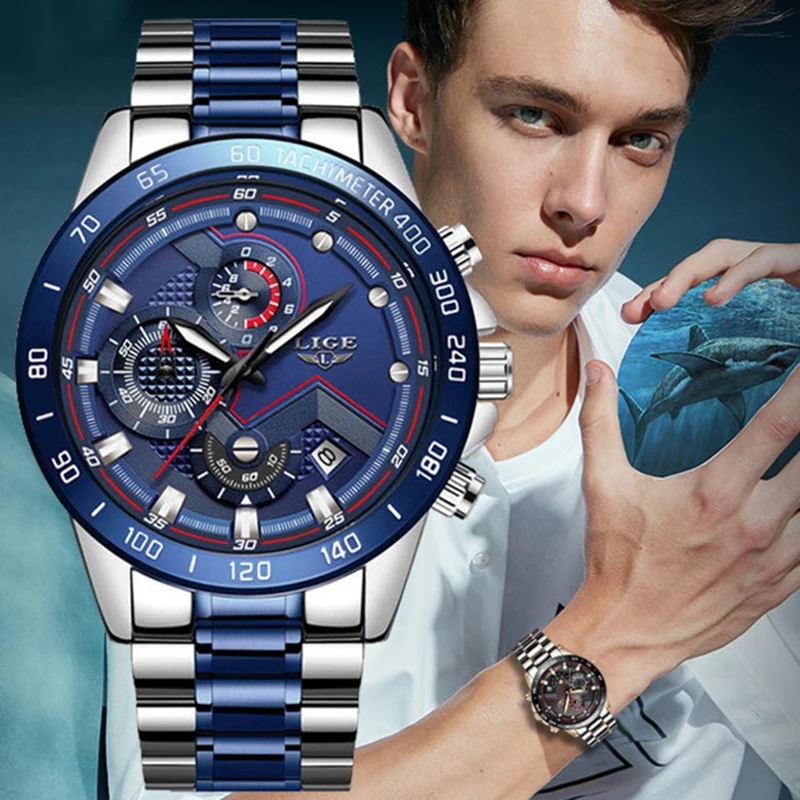 LIGE Бизнес Мужские часы Топ бренд класса люкс из нержавеющей стали Военный