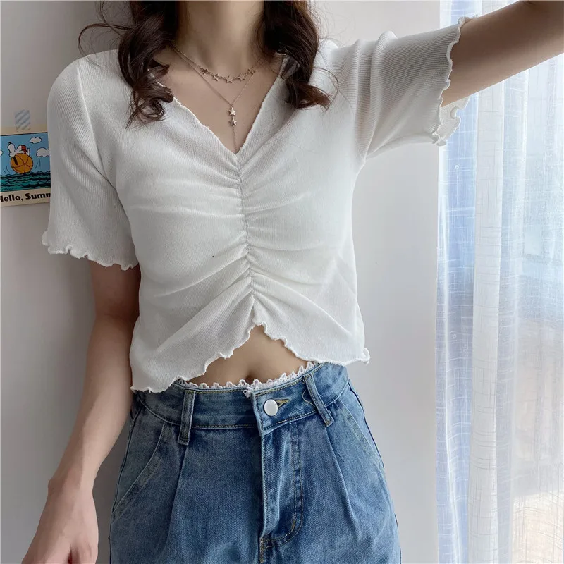 

Summer Solid V-neck Knitted T-shirt Women Short Sleeve Fashion Kawaii Slim Pleated Short Top Female