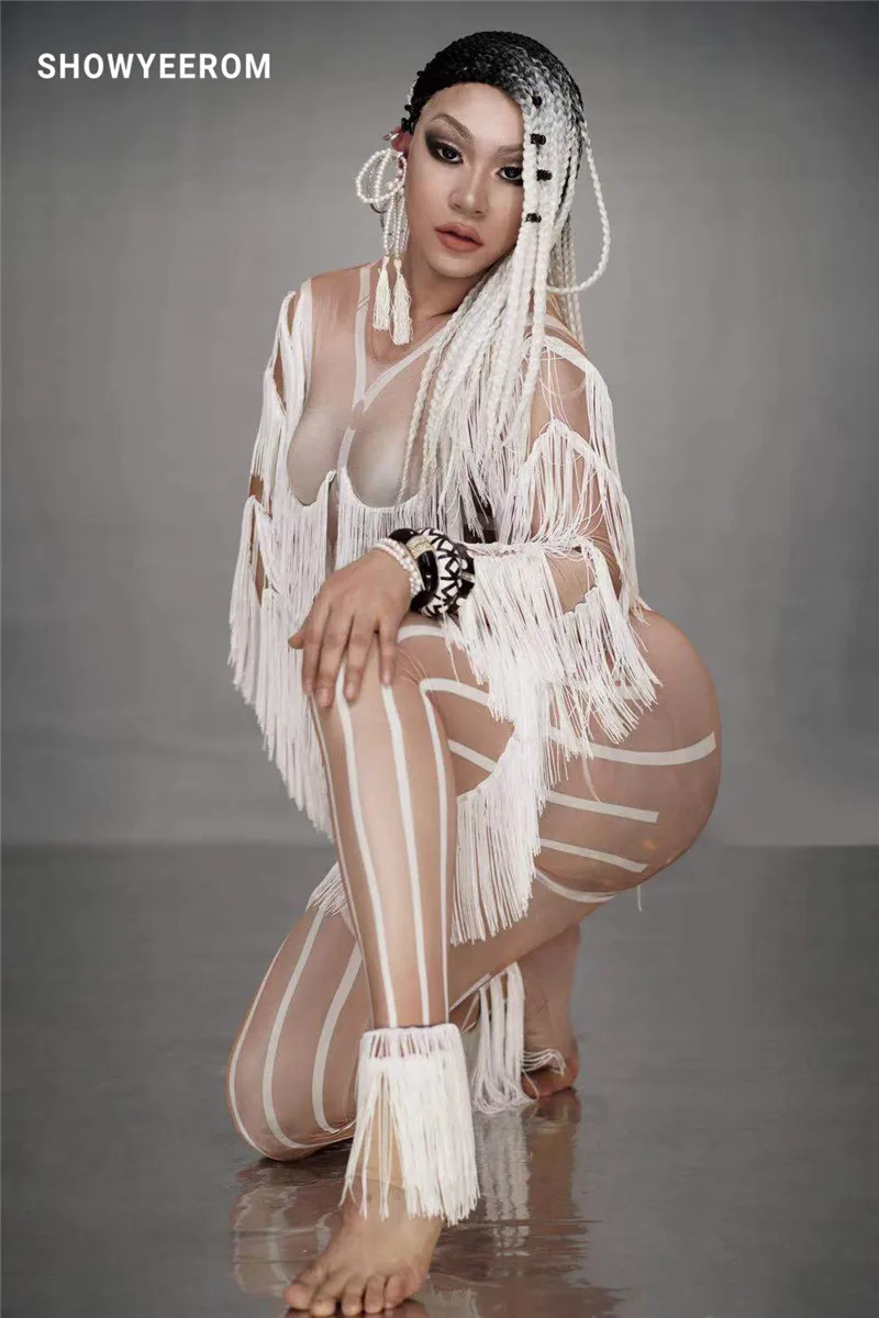 Блестящие стразы белое боди с кисточками большие Стрейчевые женские вечерние