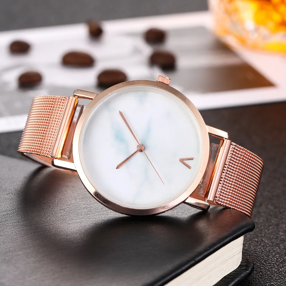 

2021 Popular Marble Literal Steel Wire Mesh Belt Watch Creative Inverted V Logo-Free Quartz Watch in Stock ladies watches