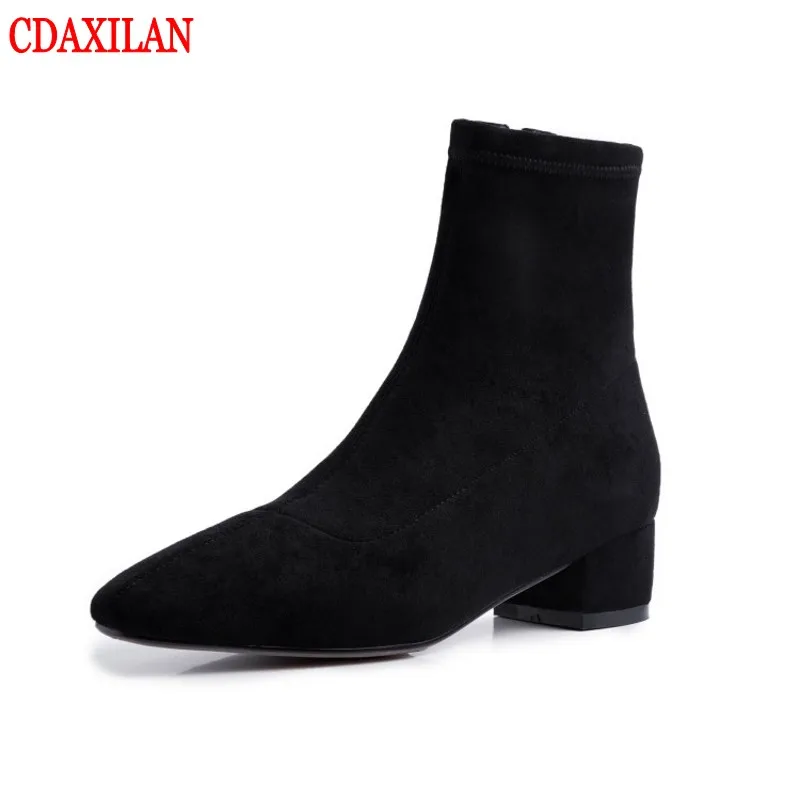 

CDAXILAN new to women's short boots lycra fabric genuine suede fabric inner pigskin velvet Mid-heels side zipper ankle boots