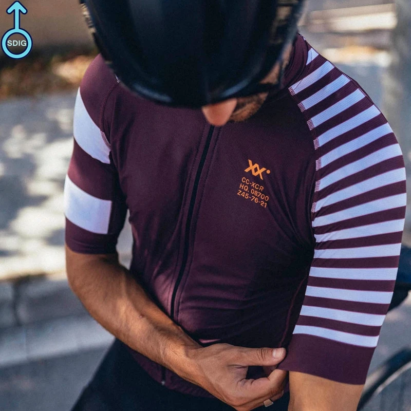 

2021 Summer IXCOR New Team Men Cycling Jersey Super Breathable Short Sleeve Webbing Bike Top MTB Quick Dry Purple Striped Shirt