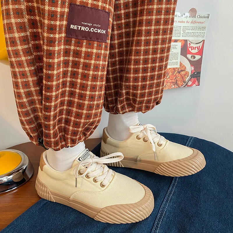 New Comfortable Ladies Casual Shoes Canvas Shoes Wavy Line Retro White Shoes Low Top Milk Brown Women's Sneakers 24-35
