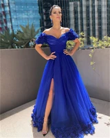 royal blue off the shoulder long prom dresses 2021 sexy split tulle robe de soir%c3%a9e mariage flowers evening party gowns vestidos