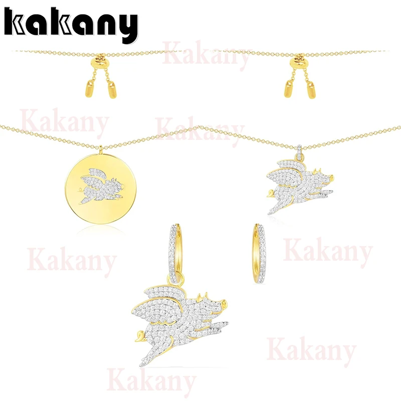 

Kakani New Fashion Europe And America Zirconia Shiny Inlaid Zircon Gold Color Flying Pig Crystal Necklace Earrings Female