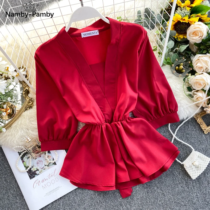 

Women's Temperament Shirt Spring Autumn Design Ruffles Lace Up Waist Wild Shirt Tide Solid V-Neck Three Quarter Shirts Top ML673