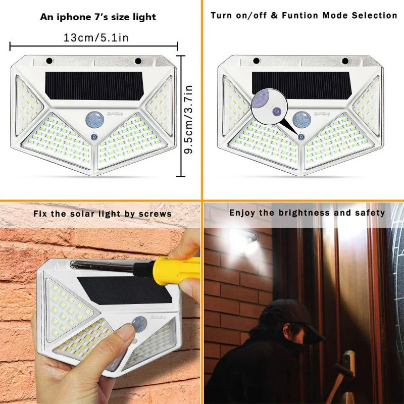 

Garden 100 LED Solar Lamp PIR Motion Sensor LED Solar Light Solar Powered By Sunlight Waterproof For Outdoor Wall Street Decor