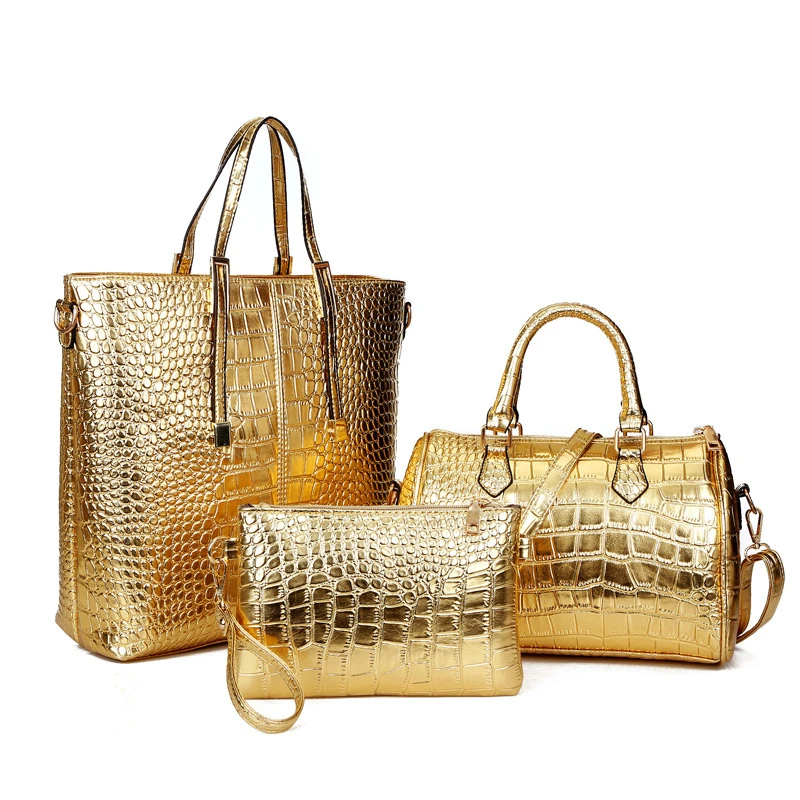 

Amberler Fashion PU Leather Women Handbags Luxury Designer Crocodile Pattern 3 Pieces Sets Shoulder Bag High Quality Tote Bags