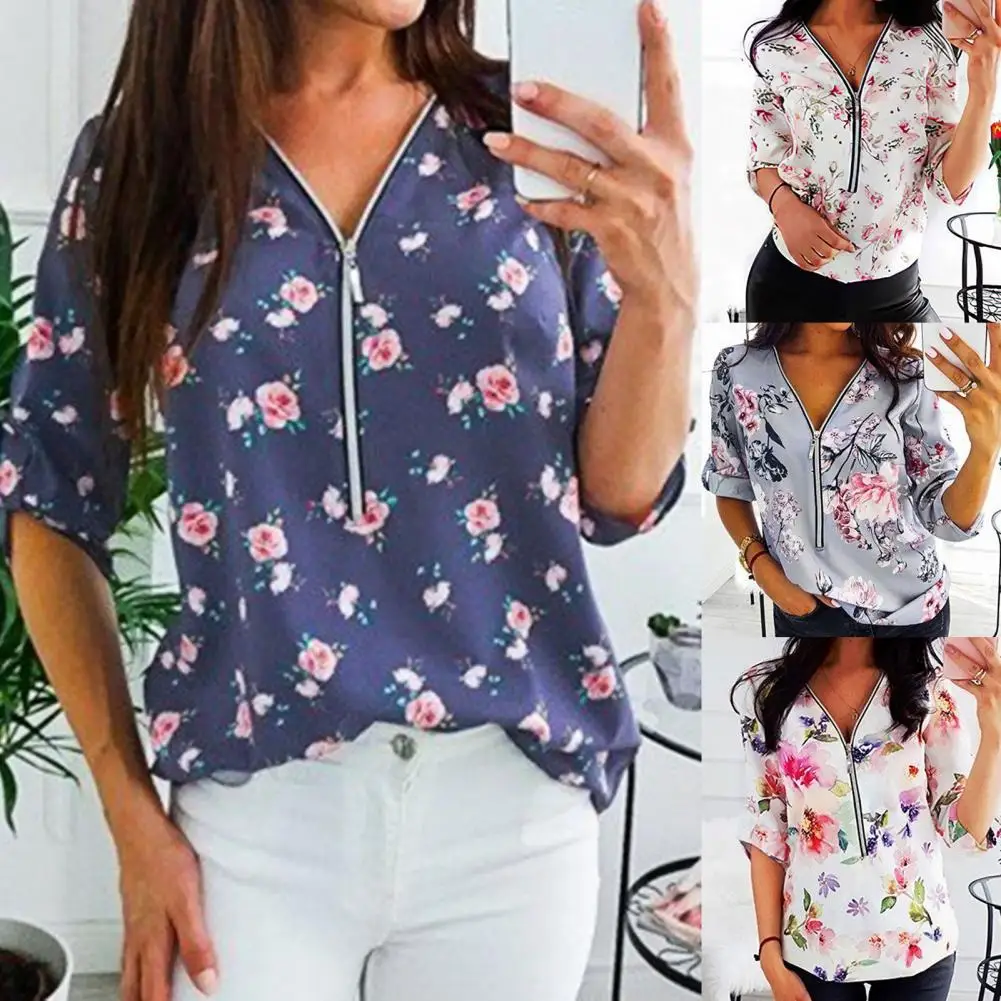 

White Blouse Women Zipper V Neck Blouses Casual Roll Long Sleeve Top Vintage Floral Print Chiffon Shirt Plus Size Clothing Blusa