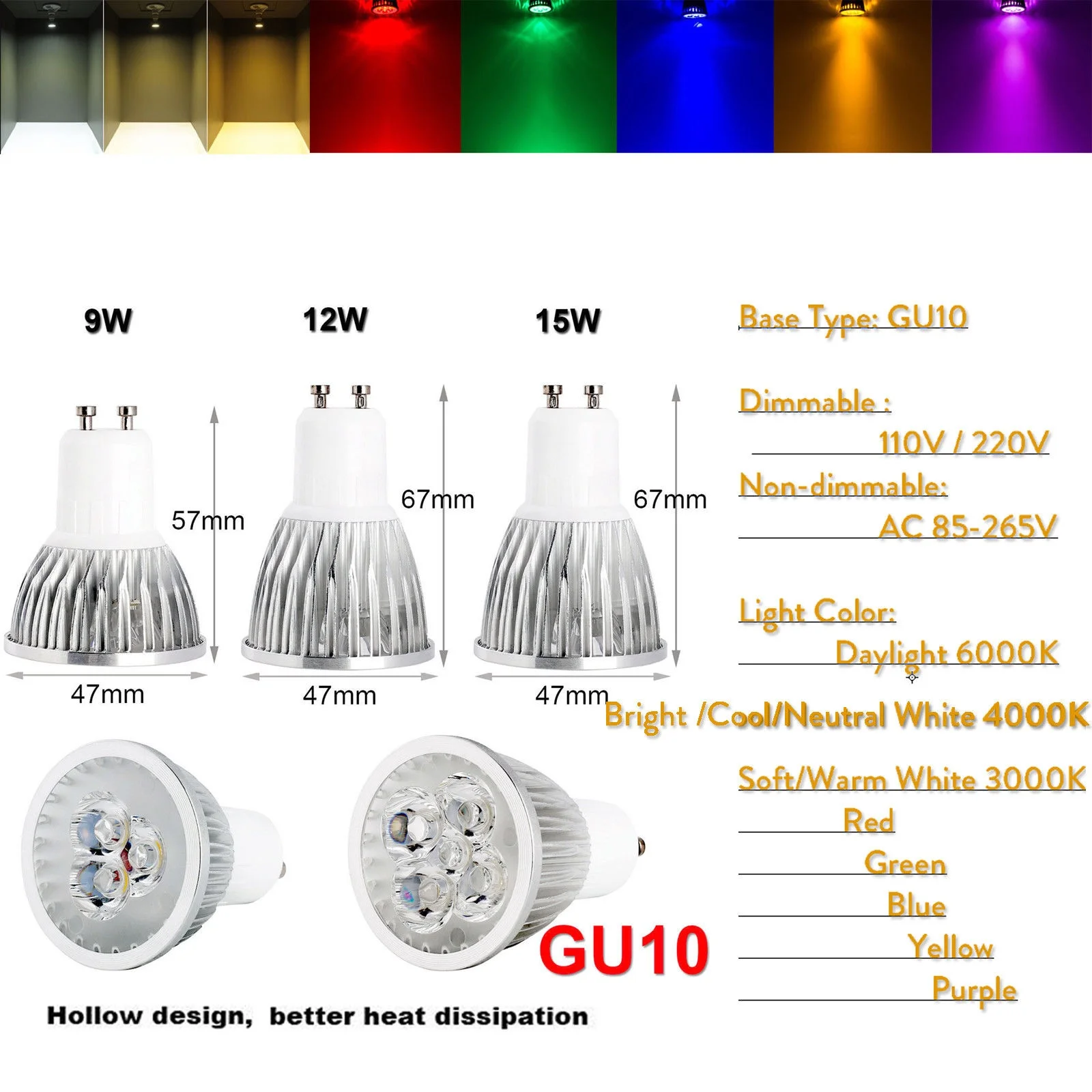 

Non-Dimmable LED Spotlight Bulb GU10 MR16 9W 12W 15W 110V 220V 12V Lamp Red Blue Green Yellow Purple LED SPOT Light