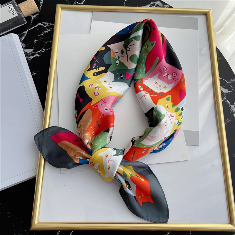Шелковый квадратный шарф с принтом кота Женская бандана повязка на голову модная