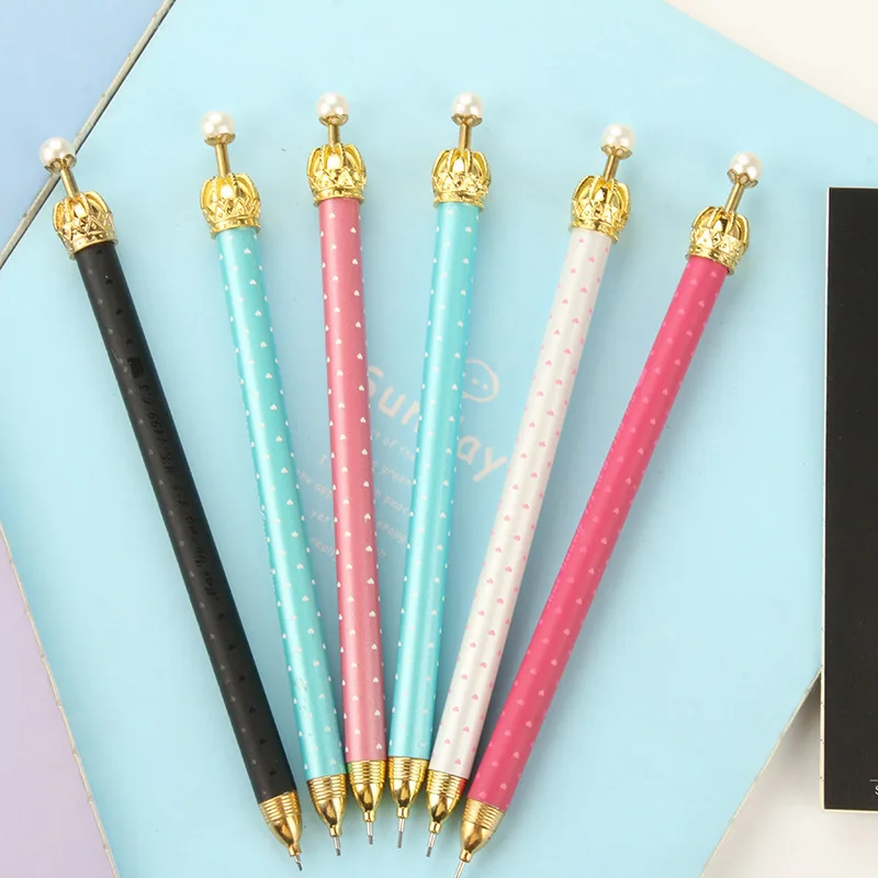 

36pcs Wholesale Kawaii Mechanical Pencil Metal Cute Pearl Crown 0.5mm Mechanical Pencils for School Korean Stationery Girl Gift
