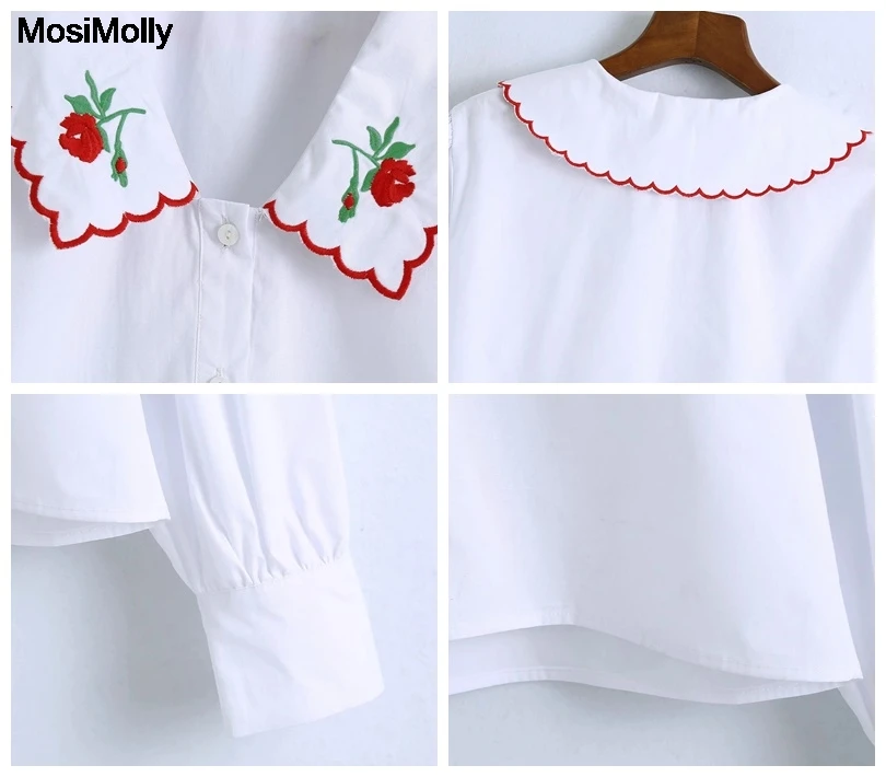 

MosiMolly Chic Flower Embroidery Blouses shirt tops women peter pan collar white blouses female blusas shirt 2021 Spring summer