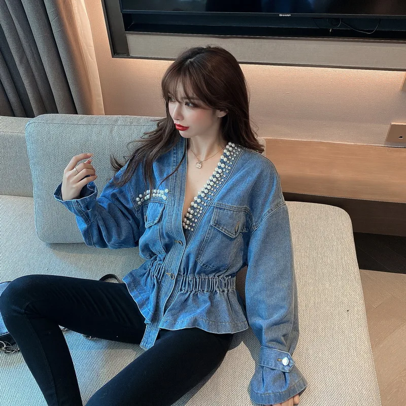 

Elegant Beading Design Slim Fit Denim Jacket Women V Neck Pullover Puff Long Sleeve Coat Spring 2021 New