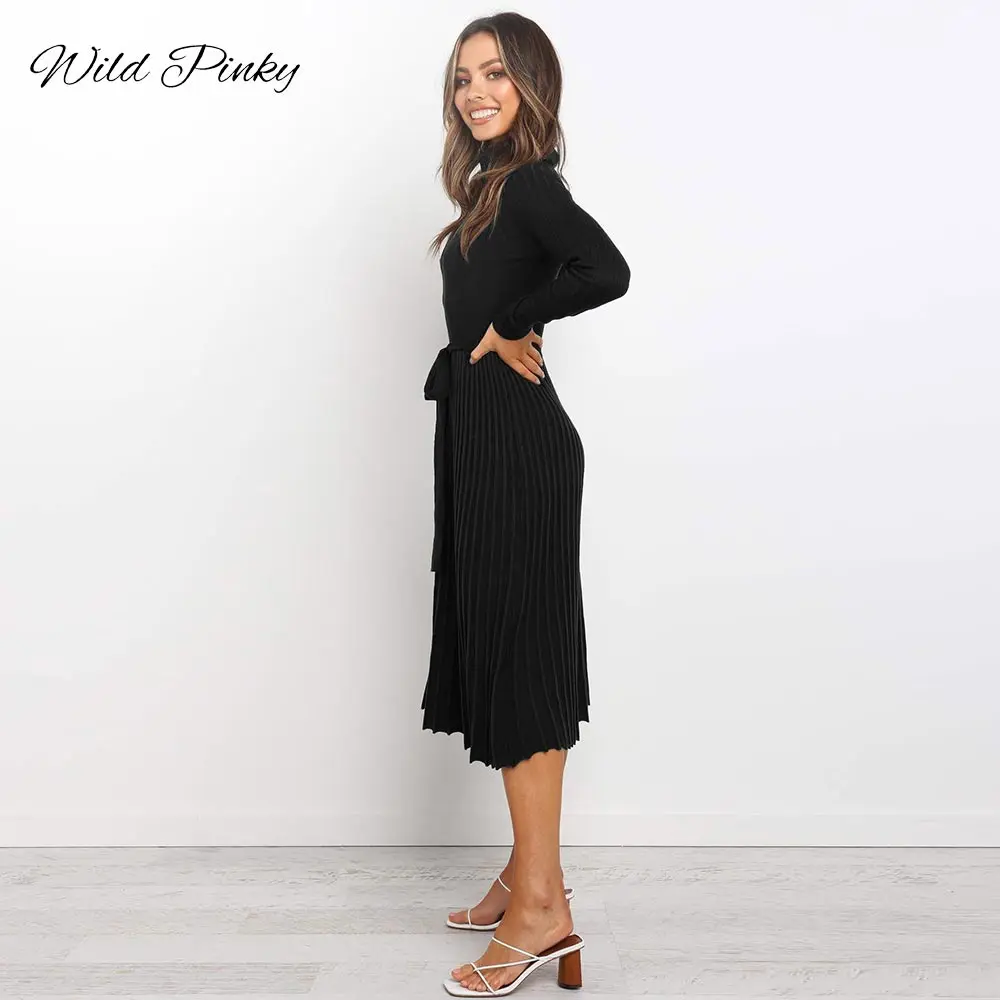 Женское платье с длинным рукавом и поясом WildPinky Черное Трикотажное вечернее