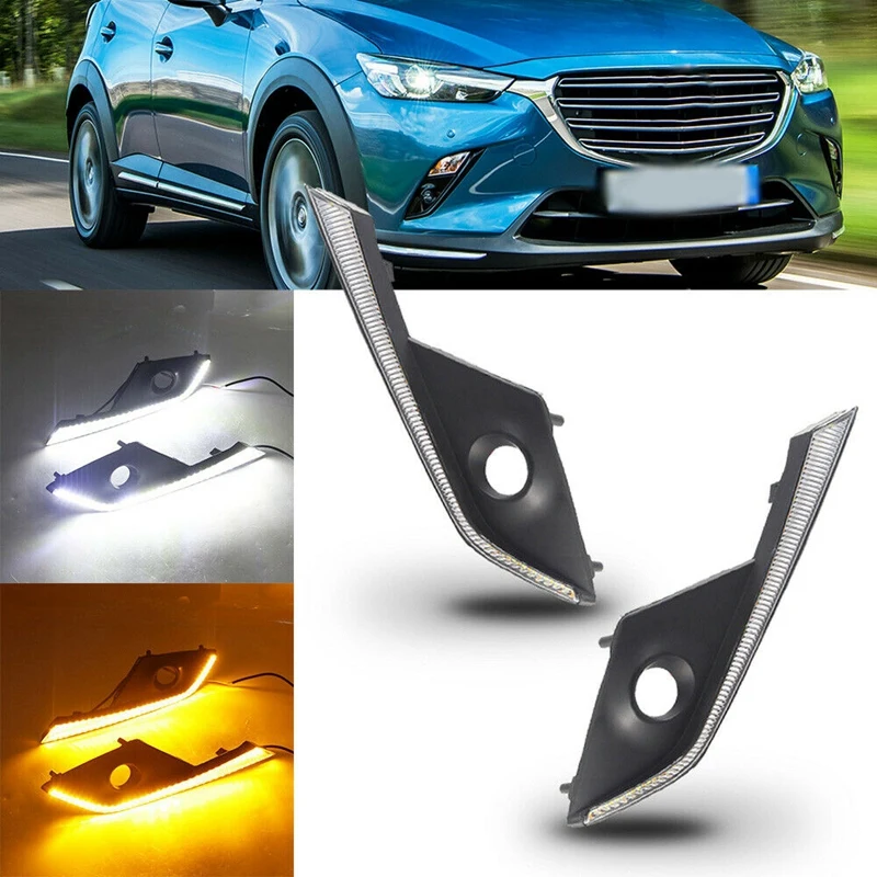 

NEW-Car Daylight LED DRL Daytime Running Light Fog Lamp Cover with Turn Yellow Signal for Mazda CX3 CX-3 2016-2018