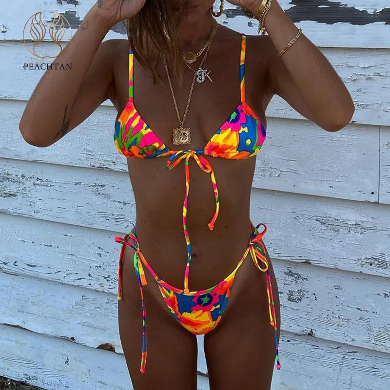 

Peachtan Brazilian Bikini 2022 Print Swimwear Female Triangle String Swimsuit Women Micro High Cut Bathing Suit Sexy Swim Suit