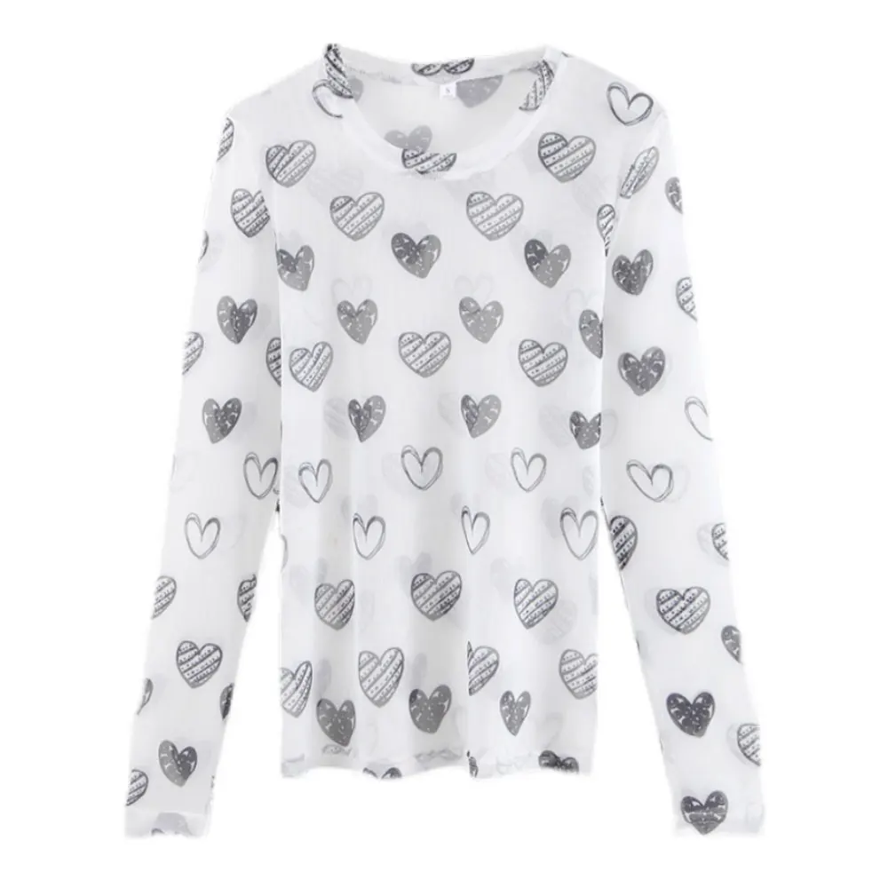 

ZOTTSOZ Tshirts Korean Harajuku Heart Print Mesh Long Sleeve T-Shirts Women Summer 2021 Thin Tees Tops Sun Protection Outwear