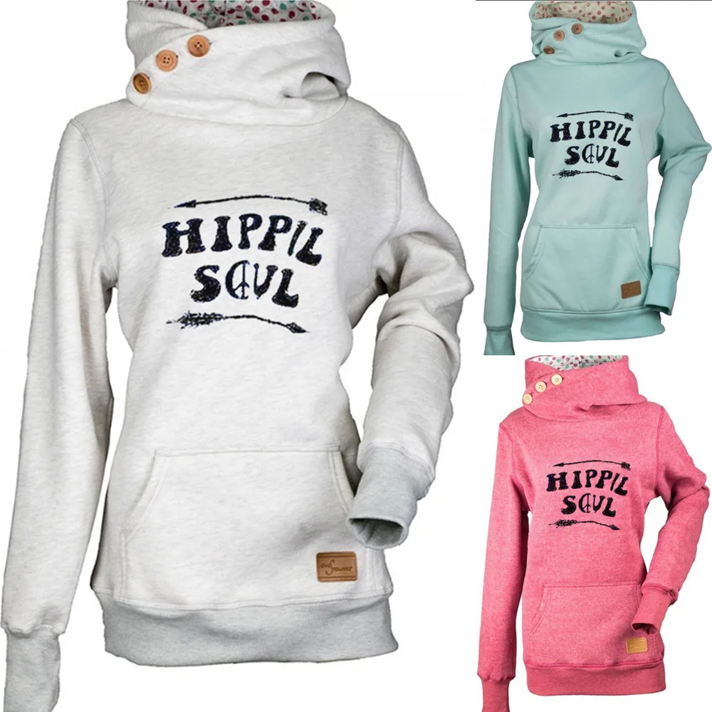 

Women's Letter Printing Long Sleeve Three-button Pocket Hooded Women Clothing Hoody Sweatshirt