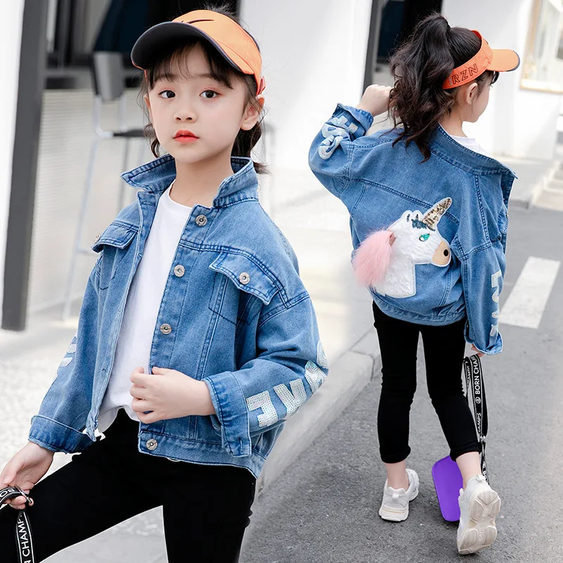 2019 джинсовая куртка с единорогом и блестками пальто для девочек одежда детей