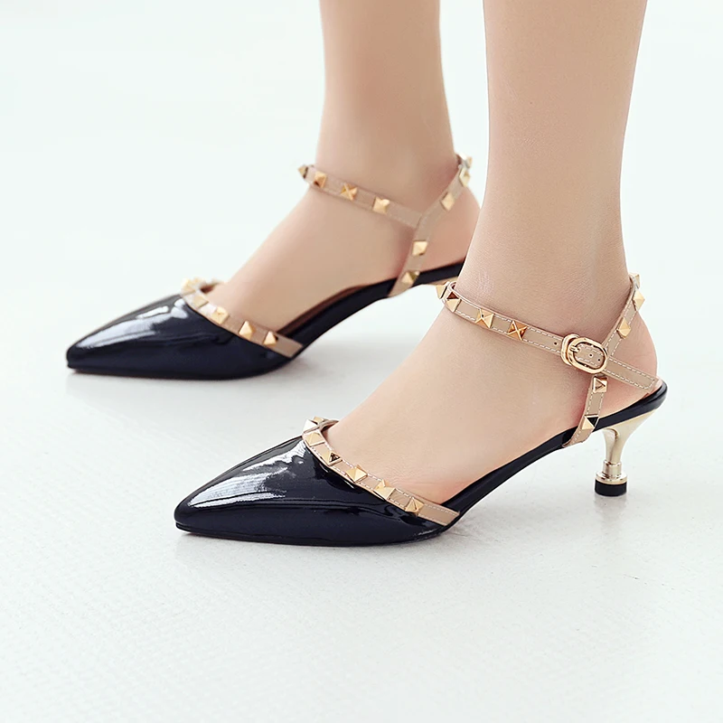 Ladies Sandals Big Size Metal Rivets Stiletto High Heels Pointed Toe Ankle Strap Sweet Party Shoes Women Black Vintage 34-44 | Обувь