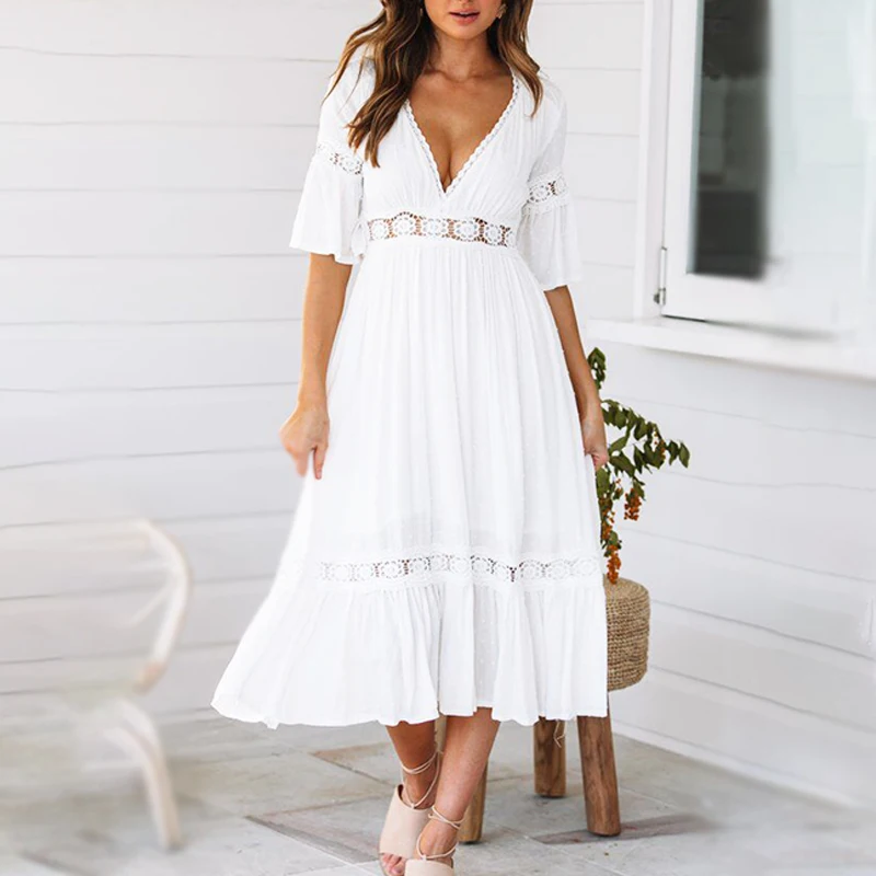 

Flare Sleeve Dress With Embroidery Floral Patchwork Retro Vintage Pleated Dress Draped Sukienka Elegant Midi Women Dress Hollow
