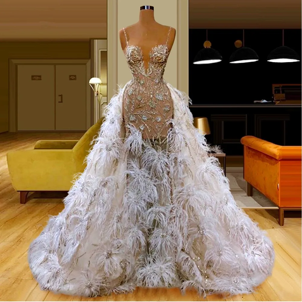Feathers See Through Overskirts Prom Dresses Spaghetti Straps Beads Sequins Illusion Mermaid Evening Dress Celebrity Party Gown