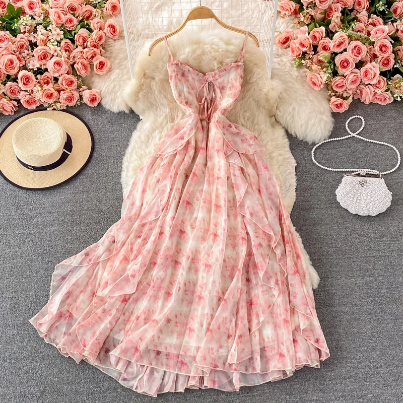 

Gentle wind backless broken flower Spaghetti Strap dress elegant Celebrity Ruffle large dress seaside holiday beach dress