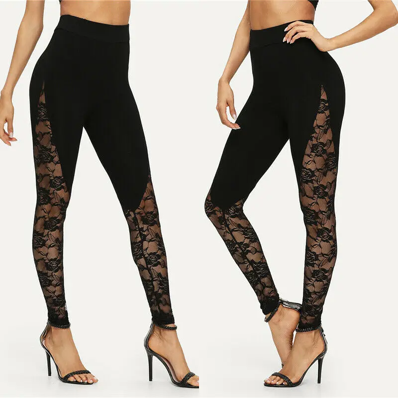 

Hirigin Womens Floral Lace See-through Leggings Mesh Fitness Pants Elastic Splice Casual High-waisted Trousers Plus Size