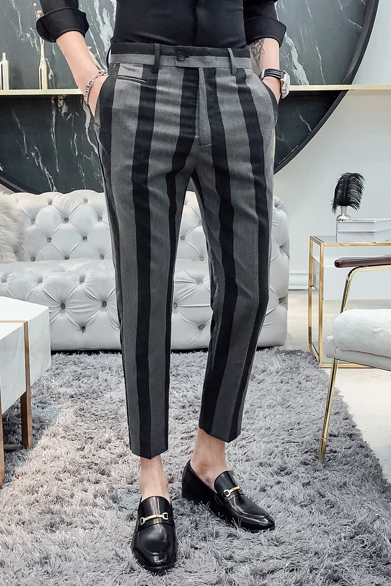 

Classic Striped Pants Men 2021 Spring Casual Business Dress Pants Fashion Office Social Trousers Ankle Length Streetwear Pants