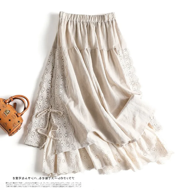 

Japanese linen with lace-up skirts, female heavy melting of embroidery in the elastic waist long A word skirt