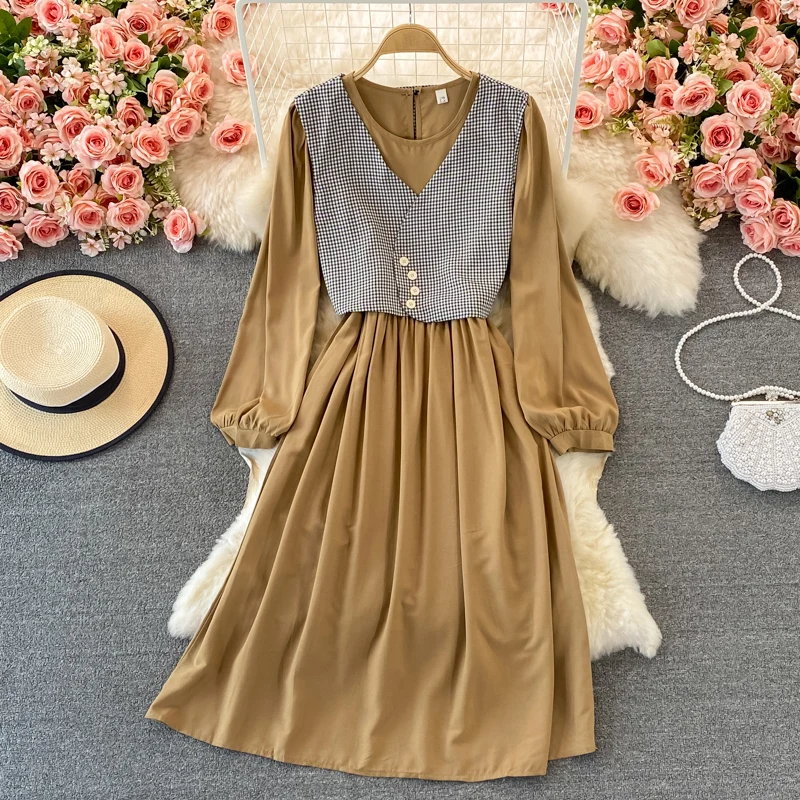 

YIZZHOY Spring Autumn New Long Sleeve Temperament Round Neck Bubble Sleeve Dress V-Neck Plaid Vest two-piece set for women