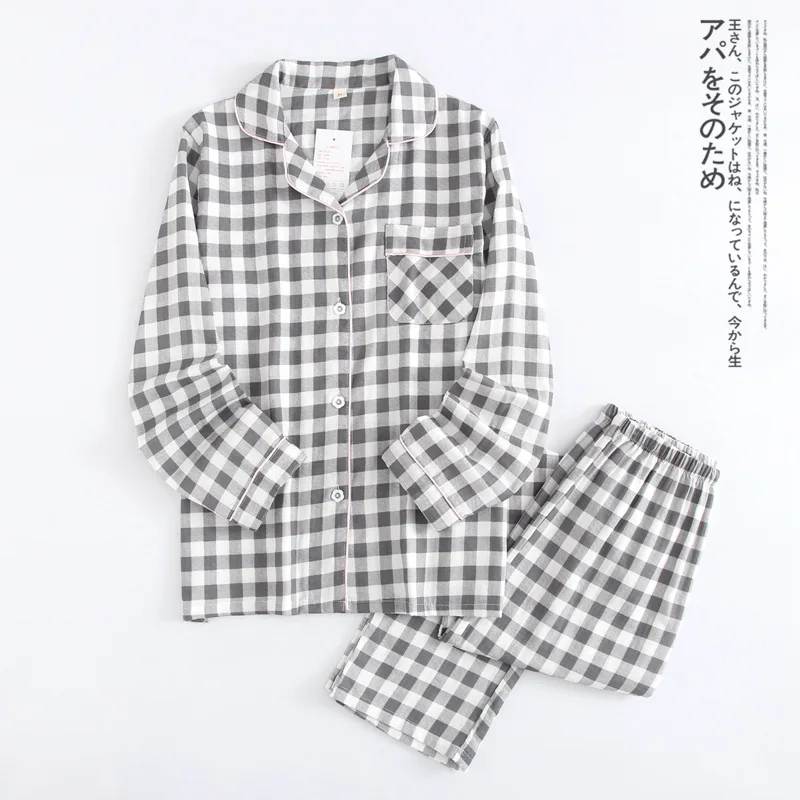 Spring and Summer Couple Pajamas Set Cotton Plaid Leisure and Comfortable New Long Sleeve Pajamas for Men and Women Loose Thin