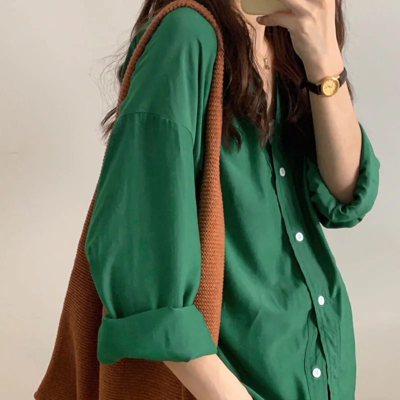 

HziriP OL Elegant Solid V-neck Sunscreen Shirt Women 2021 New Summer Blouses Single-breasted Office Lady Long Sleeve Tops Blusas