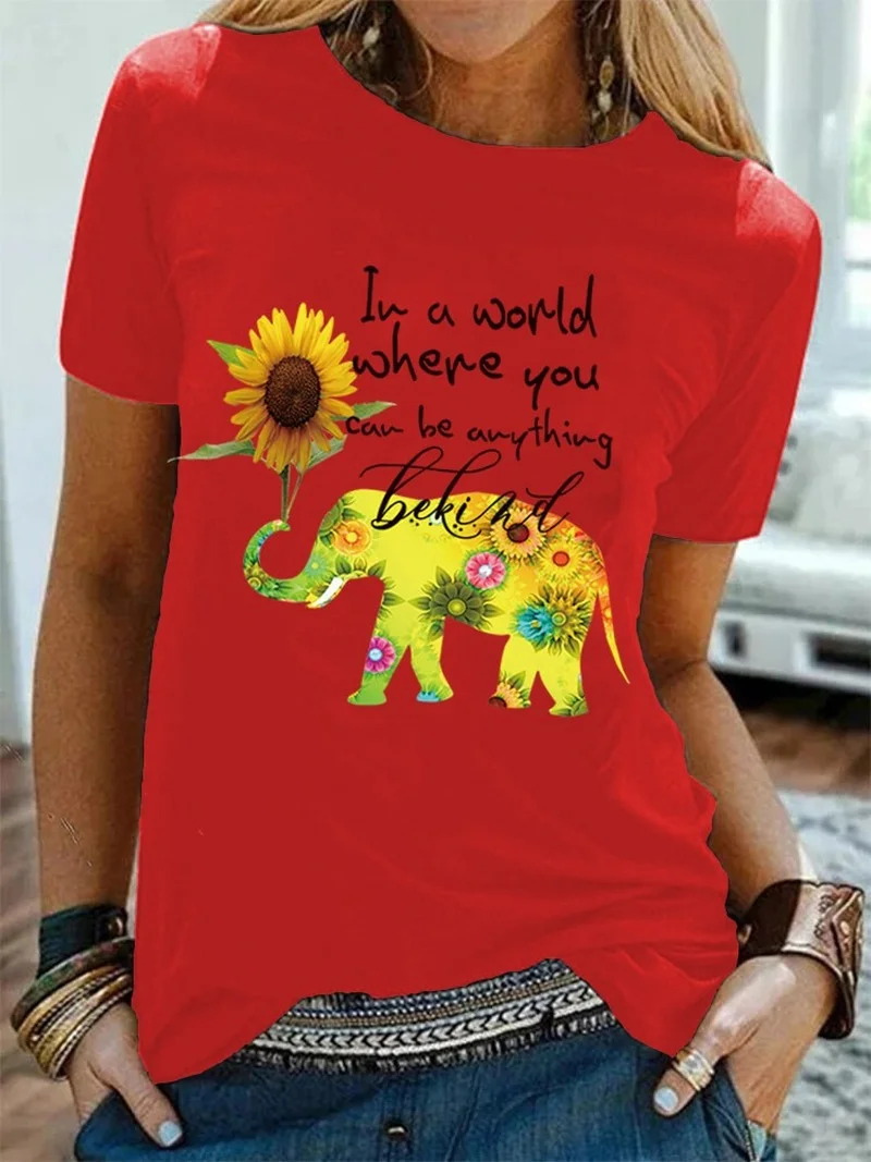 

Women T Shirts Sunflower Elephant Print T-Shirt Graphic Letter Short Sleeve Tee Round Neck Tops Kawaii 90s Girls Summer Clothing