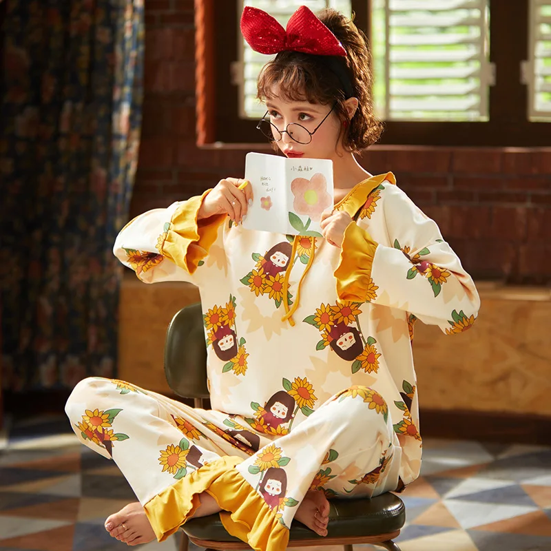 

2020 New Cotton Pajamas Women Spring And Autumn Sweet O Collar Long-sleeved Suits