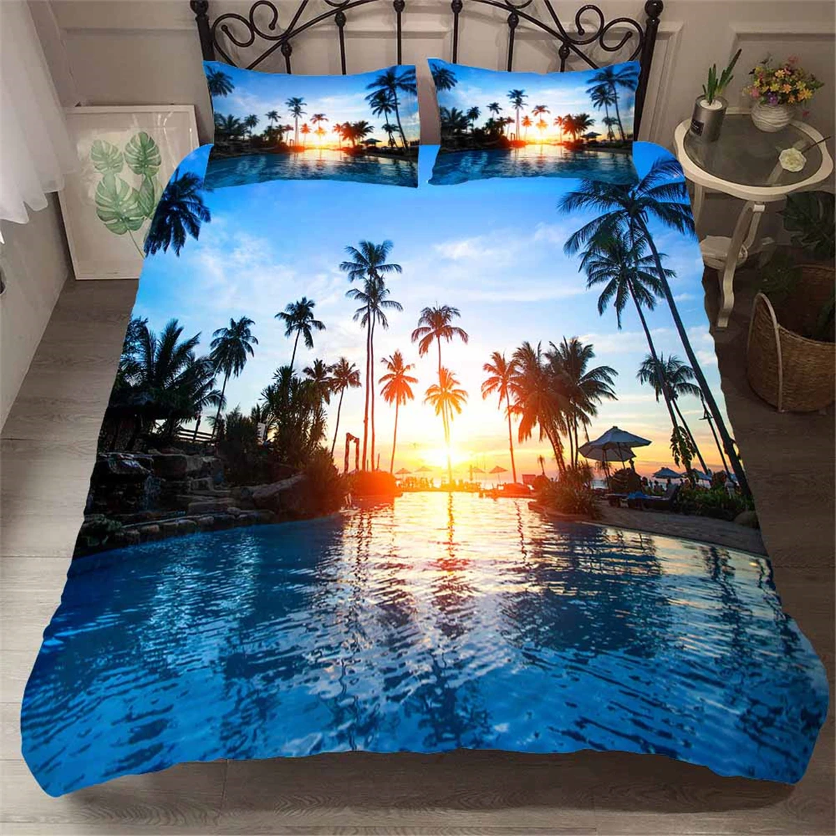 

Natural Seaside Scenery Bedding Set Sunset Beach Printed Down Quilt Cover Linen Cover Pillowcase Single Double Queen King Size