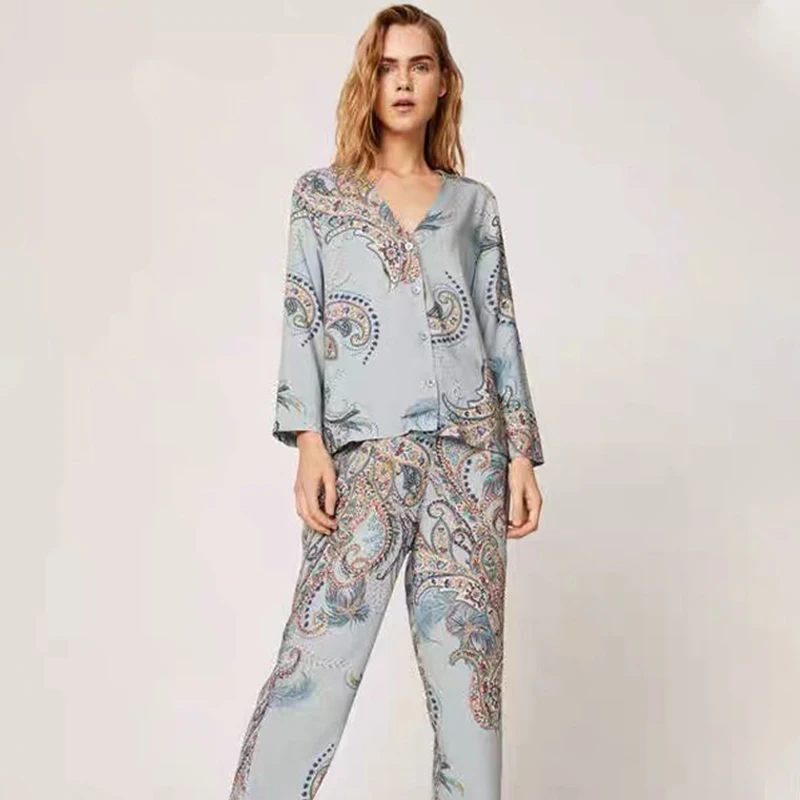 

New Spring And Summer Home Clothes Women Vintage Viscose Printed Soft Long Sleeve Pajamas Suit Ladies Casual Comfortable Pijamas