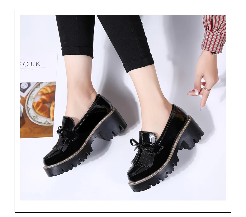 O16U Women Autumn Shoes Patent Leather Slip on Tassel Loafers Platform Flat Casual Shoes Women Flats Spring Shoes for Ladies