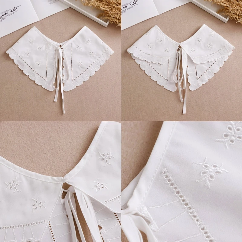 

New Women Lace-Up Bowknot Elegant False Collar Hollow Out Jacquard Petal Big Shawl Wrap Decorative Necklace Cotton Capelet
