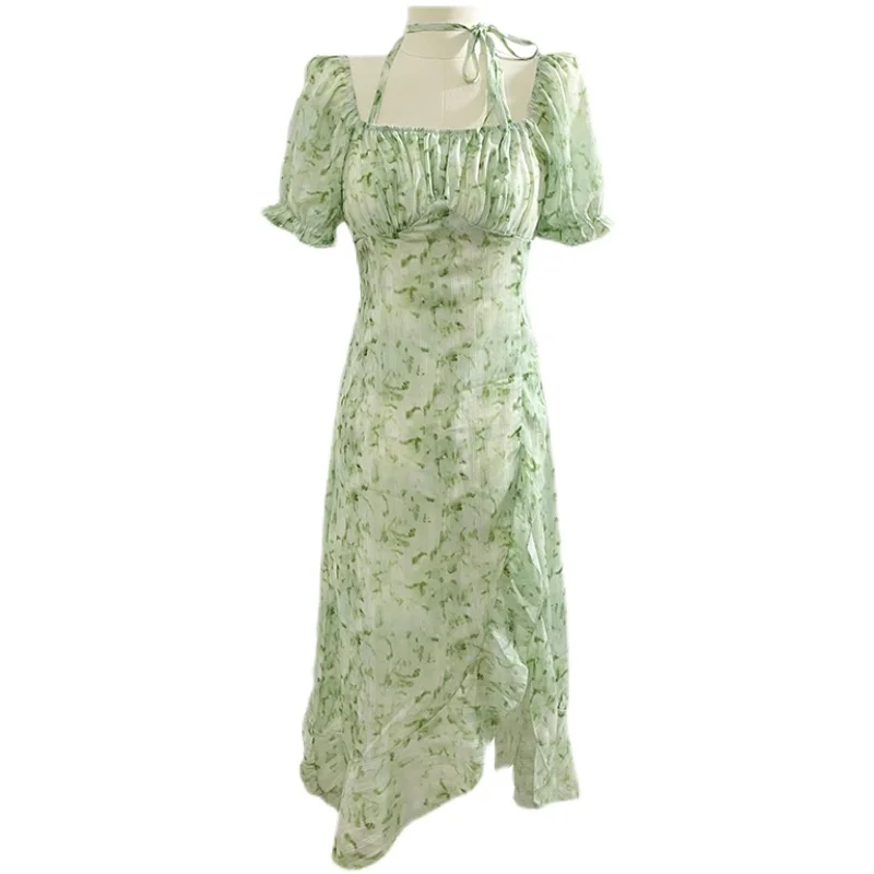 

Fashion Summer Bandage Off Shoulder Square Collar Floral Chiffon Dress Midi Women Party Beach Vestidos