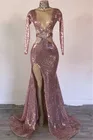Женское длинное вечернее платье-русалка, розовое платье с глубоким V-образным вырезом, разрезом, длинным рукавом и разрезом сбоку, для выпускного вечера
