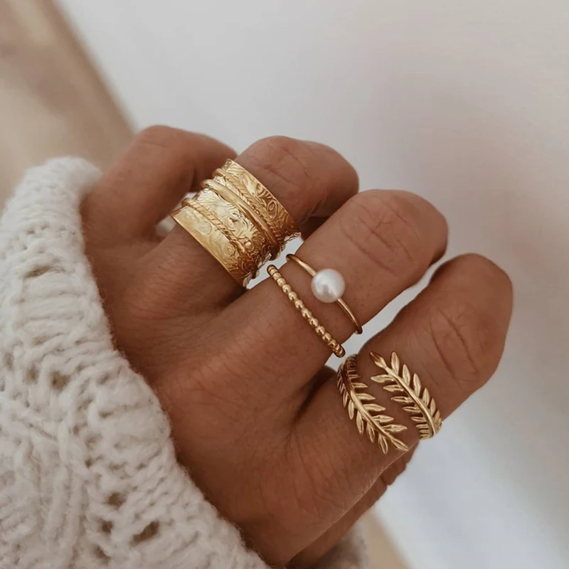 4 шт./компл. Женский комплект колец геометрическое Открытое кольцо с листьями и