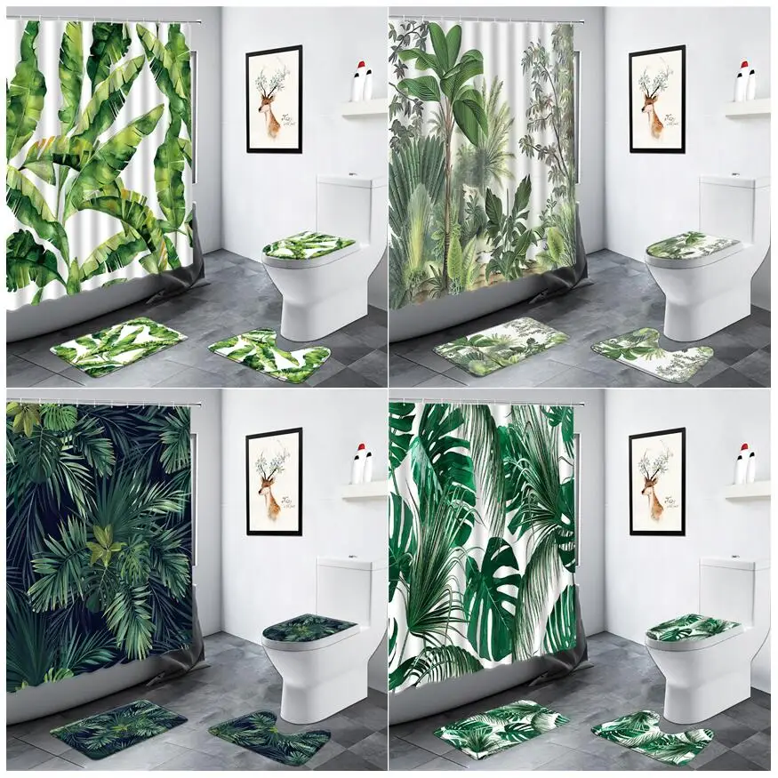 

Tropical Plant Leaves Shower Curtain Set Green Palm Leaf Monstera Scenery Bathroom Decor Carpet Non-slip Rug Toilet Lid Bath Mat
