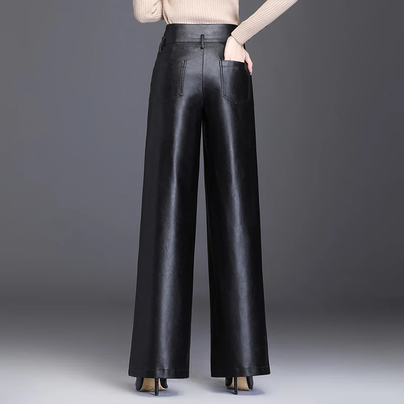 Женские кожаные брюки новые длинные широкие с высокой талией осенние и зимние