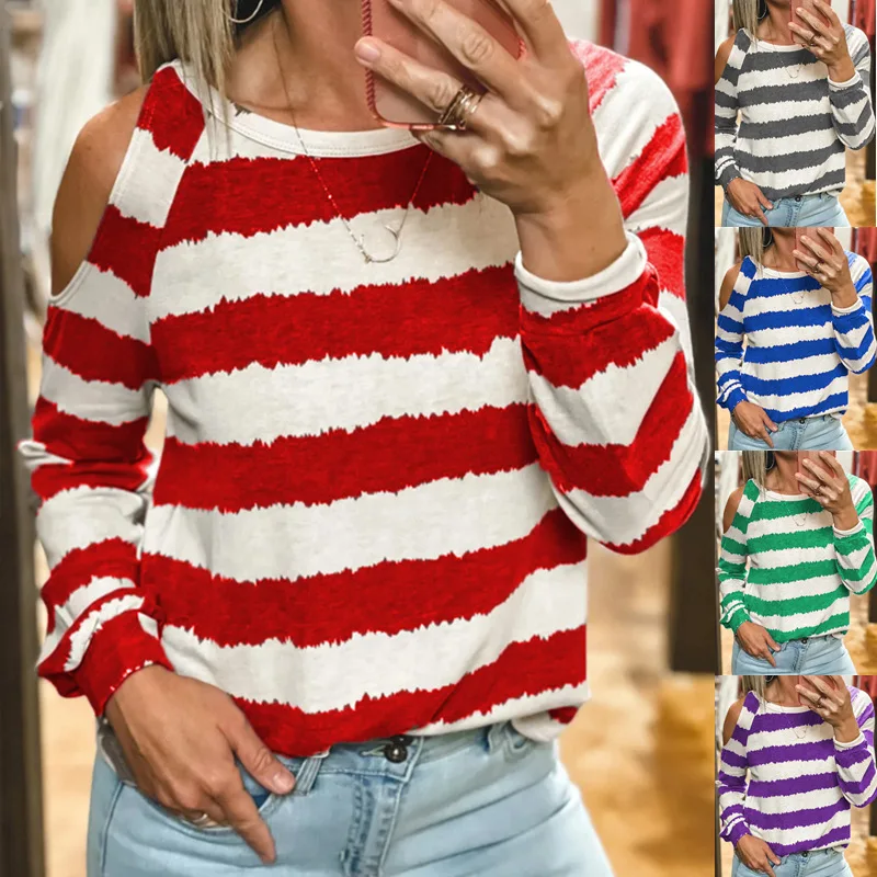 

Женская осенне-зимняя футболка с круглым вырезом и принтом в полоску, повседневные топы с длинным рукавом, Свободный пуловер с открытыми пл...