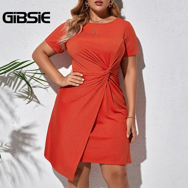 

Женское трикотажное платье в рубчик GIBSIE, однотонное асимметричное повседневное летнее платье мини с круглым вырезом и коротким рукавом, ра...