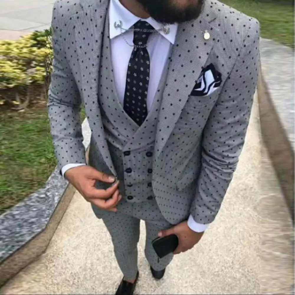 3 Piece Casual Men's Silver Grey Slim Fit Prom White Tuxedos Point Solid Business Suits For Wedding Grooms (Blazer+Vest+Pants)