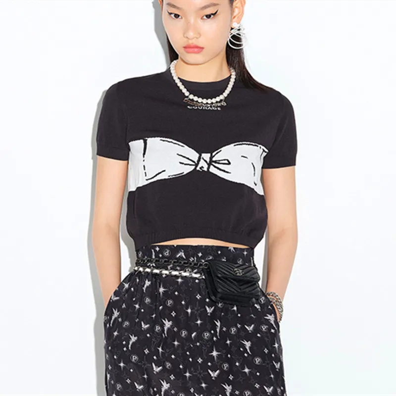 

Женская трикотажная футболка с бантом-бабочкой, черная или белая Повседневная футболка с круглым вырезом в Корейском стиле, лето 2021